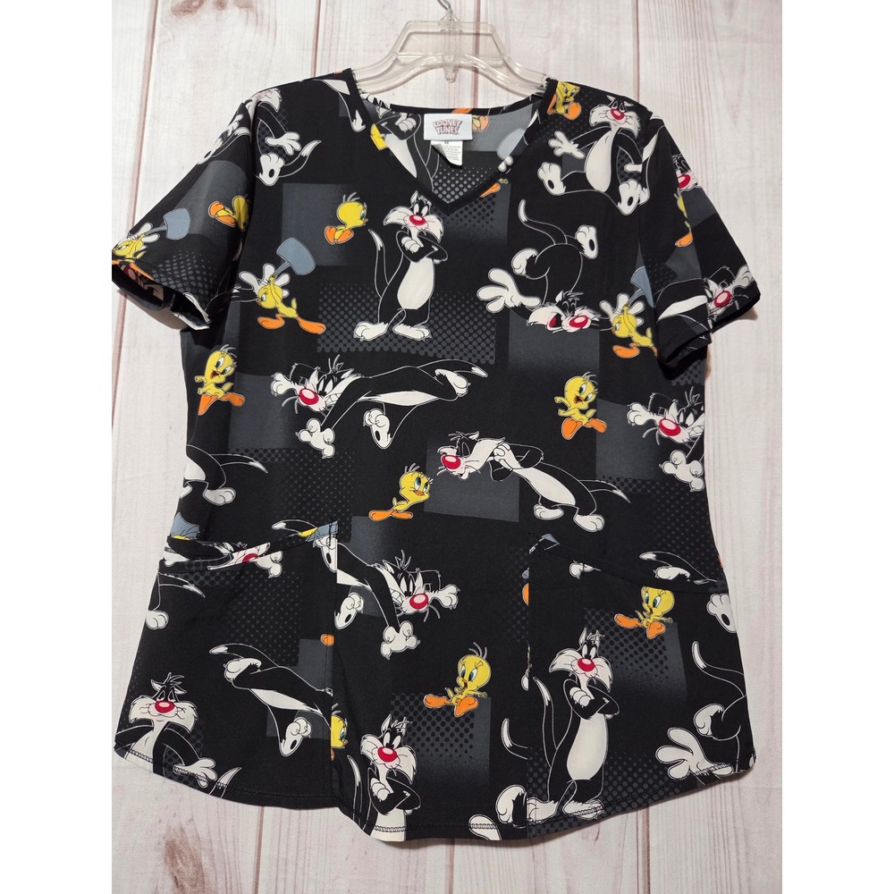 Looney Tunes Sylvester Tweety Bird Scrub Top Black V-Neck Medical Uniform Medium